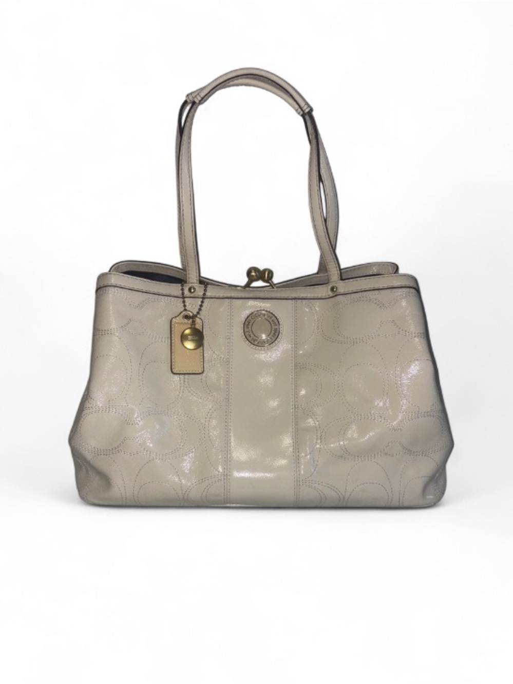 Coach Signature Stitched Patent Leather Frame Kiss-Lock Carryall Hand Bag